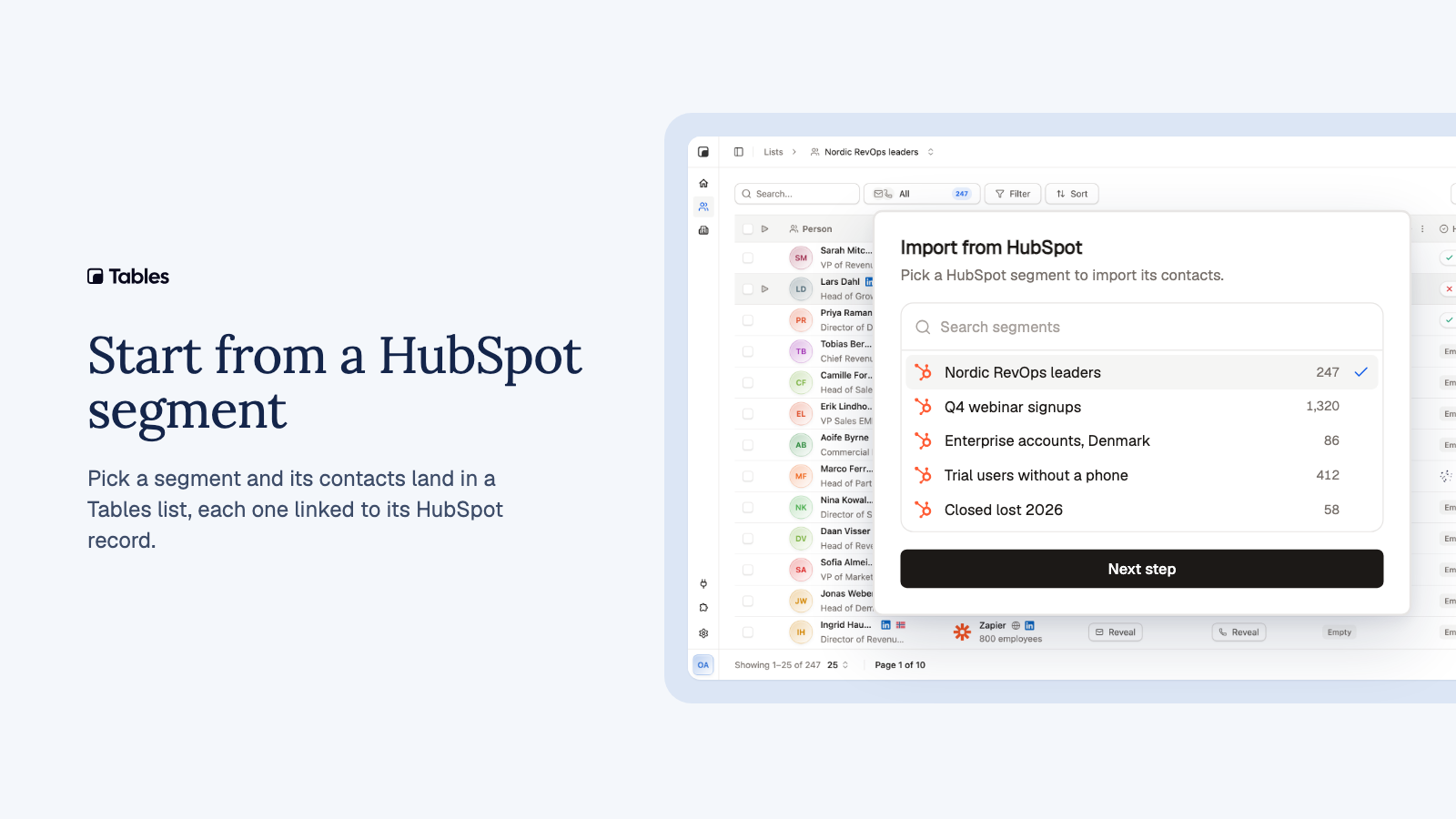 Import from HubSpot dialog listing contact segments, with one segment selected